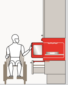 Il forno con apertura laterale, inserito in una armadio a colonna, per un'apertura facilitata da un disabile su carrozzina